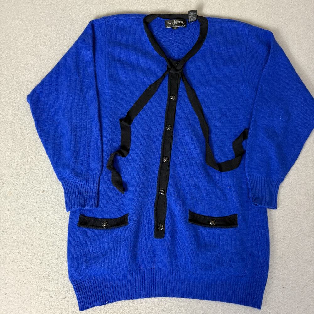 Vintage Jeanne Pierre Cardigan Women M Blue Angora Lambswool Bow Tie Black Trim